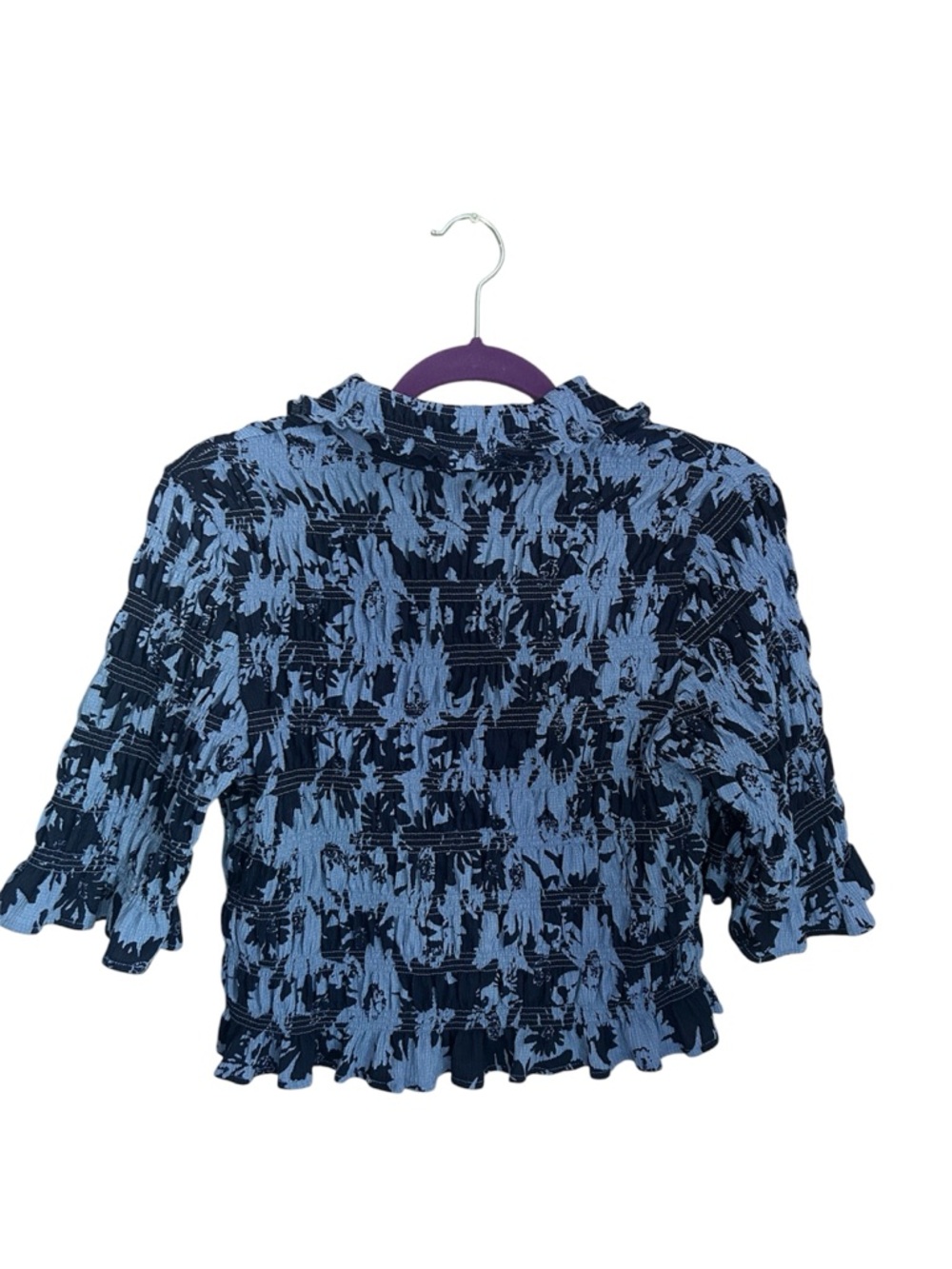 Anthropologie Maeve Smocked Ruffle Button-Front Top Blue Abstract Print  Size M - Picture 3 of 14